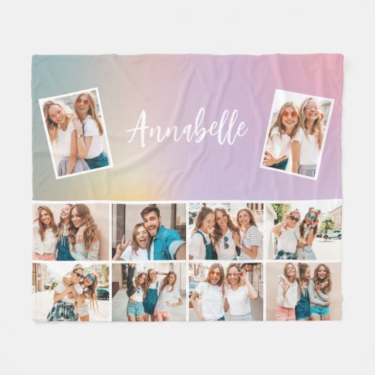 パステルレインボーガーリーモノグラムシンプル写真数々の フリースブランケット (正面(横))