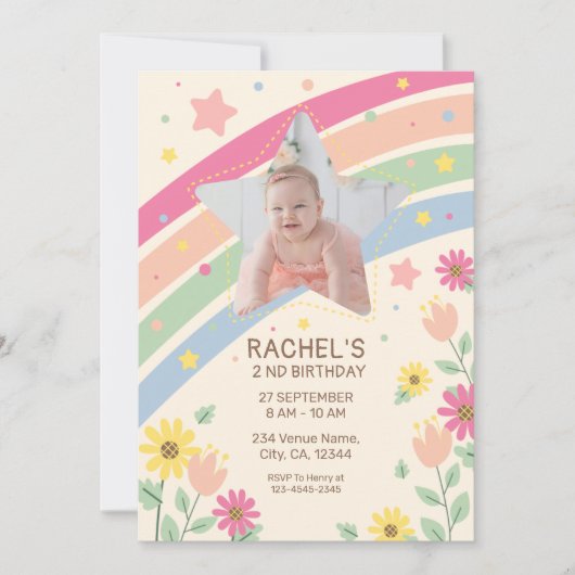 パステルレインボーガールの写真かわいい誕生日パーティー 招待状 (正面)