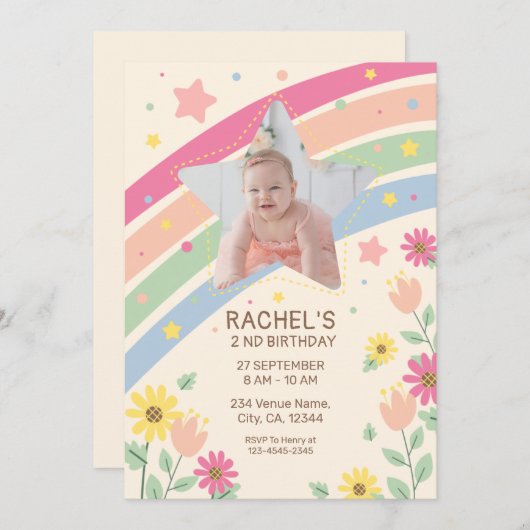 パステルレインボーガールの写真かわいい誕生日パーティー 招待状 (正面/裏面)