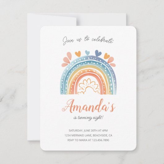 パステルレインボーガールズバースデーパーティーの招待 (正面)