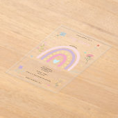 パステルレインボーガールワイルドフラワーズハートベビーシャワー アクリル招待状 (レイダウン)