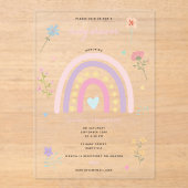 パステルレインボーガールワイルドフラワーズハートベビーシャワー アクリル招待状 (正面)