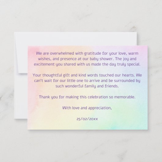 パステルレインボーグラデーション金ゴールドグリッターベビーシャワー サンキューカード (裏面)