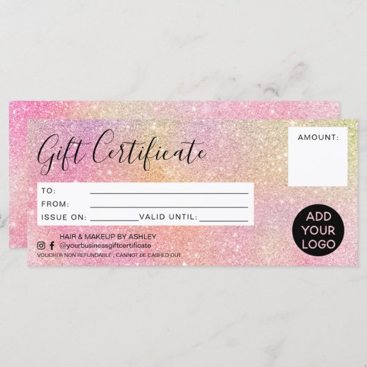 パステルレインボーグリッターピンクギフト証明書のロゴ (正面/裏面)