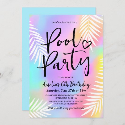 パステルレインボースイミングプールバースデーパーティー 招待状 (正面/裏面)