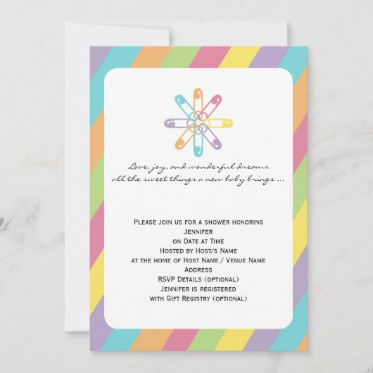 パステルレインボーストライプおむつピンベビーシャワー 招待状 (正面)