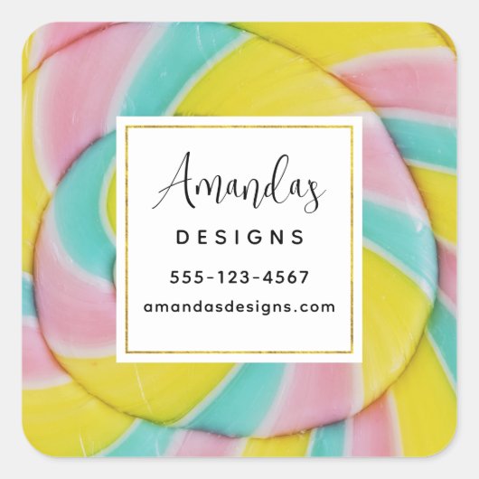 パステルレインボースパイラルキャンディフォトビジネス スクエアシール (正面)