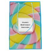 パステルレインボースパイラルキャンディーフォト誕生日 ミディアムペーパーバッグ (正面)