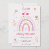 パステルレインボーズガールワイルドフラワーズハート誕生日 招待状 (正面)