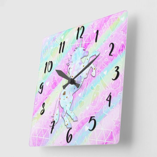 パステルレインボーダイヤモンド&スターズマジカルユニコーン スクエア壁時計 (傾斜)