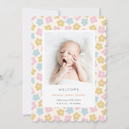 パステルレインボーデイジーフラワー |かわいいシンプル誕生 案内状 (正面)