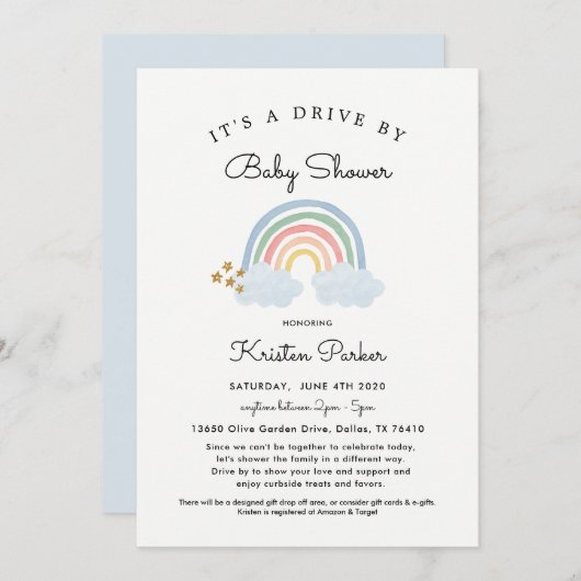 パステルレインボードライブバイベビーシャワー招待状ボーイ 招待状 (正面/裏面)