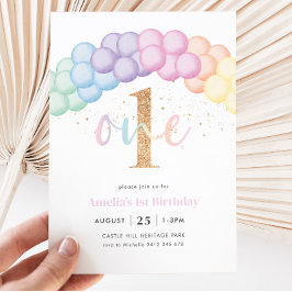 パステルレインボーバルーンアーチ1st誕生日パーティー 招待状