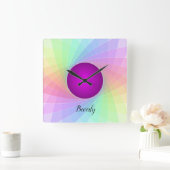 パステルレインボーパープルトゥイル名パーソナライズされた スクエア壁時計 (ホーム)