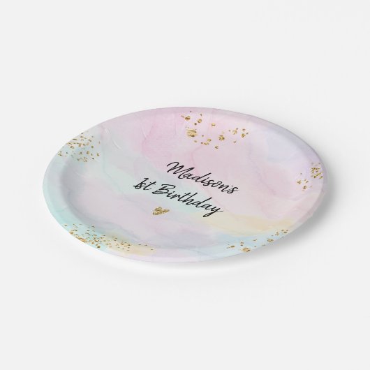 パステルレインボーピンク金ゴールド誕生日 ペーパープレート (アングル)