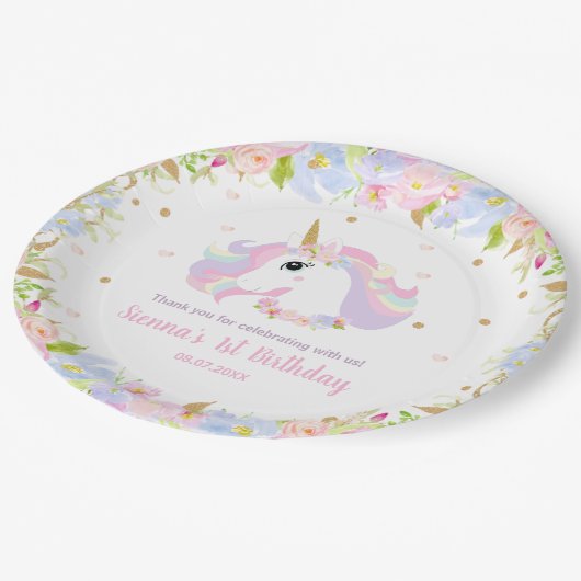 パステルレインボーフローラかわいいユニコーンバースデーパーティー ペーパープレート (アングル)