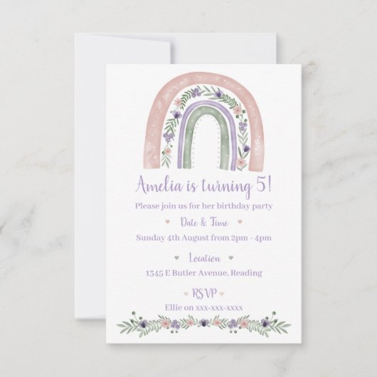パステルレインボーフローラバースデーパーティー招待 招待状 (正面)