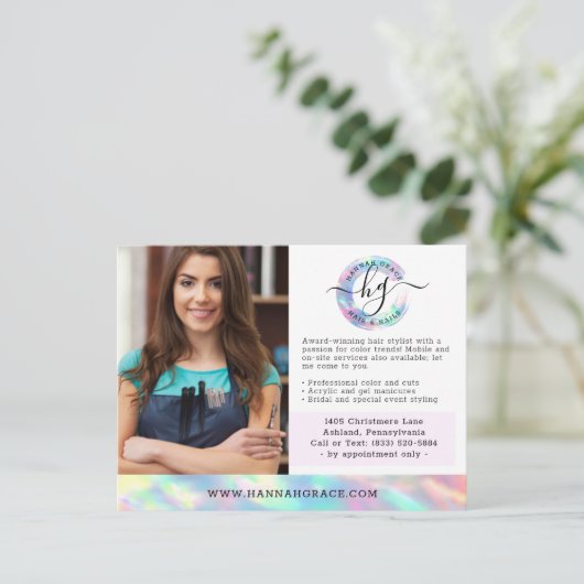 パステルレインボーヘア爪、 ネイルビジネスマーケティング写真 ポストカード (スタンド正面)