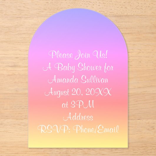 パステルレインボーベビーシャワーピンクブルーパープル4Amand アクリル招待状 (正面)