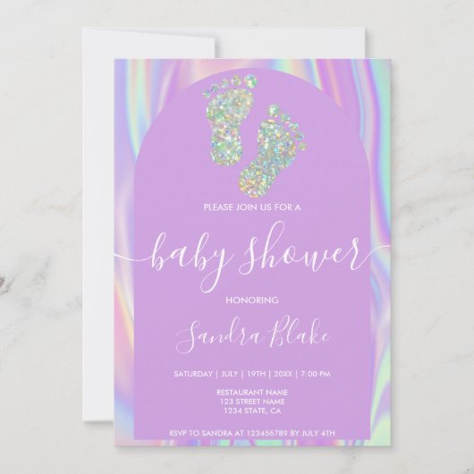 パステルレインボーホログラフィックベビーガールシャワー 招待状 (正面)