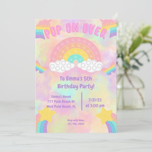 パステルレインボーポップ・アートのオンバイッポップ・アートのトガールズ誕生日 招待状 (スタンド正面)