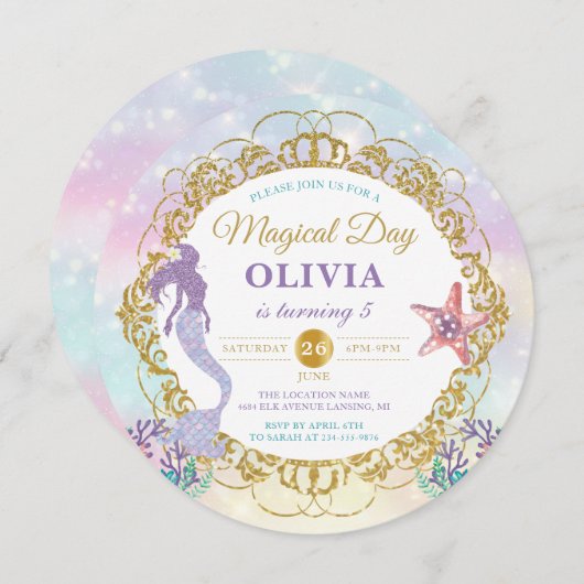 パステルレインボーマーメイドアンダーザシー誕生日 招待状 (正面/裏面)