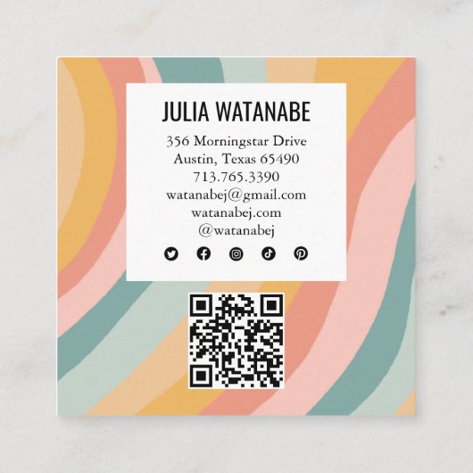 パステルレインボーミニマルストライプリストQRソーシャルメディア スクエア名刺 (裏面)