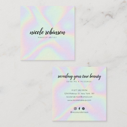 パステルレインボーモダンルホログラフィックメイクアップアーティスト スクエア名刺 (正面/裏面)