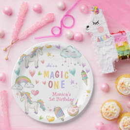 パステルレインボーユニコーンの魔法の1歳の誕生日 ペーパープレート