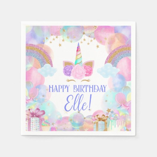 パステルレインボーユニコーンバースデーパーティー スタンダードカクテルナプキン (正面)
