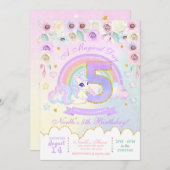 パステルレインボーユニコーンフィフス誕生日招待状 招待状 (正面/裏面)