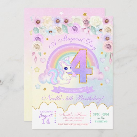 パステルレインボーユニコーンフォー誕生日招待状 招待状 (正面/裏面)