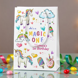 パステルレインボーユニコーン魔法1歳 ミディアムペーパーバッグ