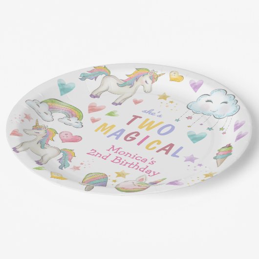 パステルレインボーユニコーン2つの魔法の誕生日 ペーパープレート (アングル)