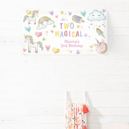 パステルレインボーユニコーン2つの魔法の誕生日 横断幕 (インサイチュ)