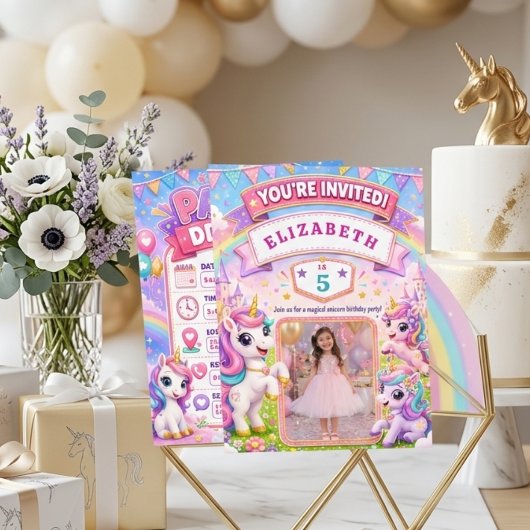 パステルレインボーユニコーン 写真 誕生日パーティー 招待状