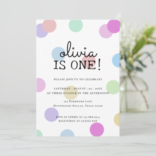 パステルレインボー水玉模様1st誕生日 招待状 (スタンド正面)