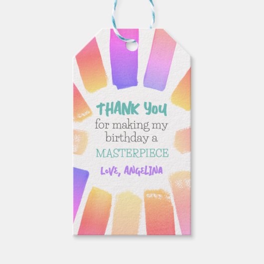 パステルレインボー絵を描アーパーティー誕生日サンキュー ギフトタグ (正面)