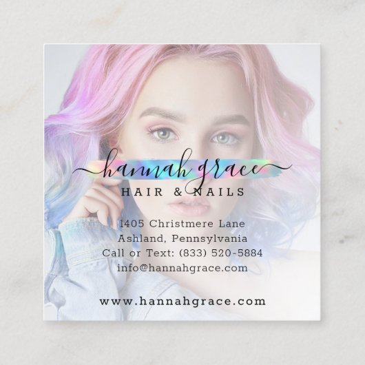 パステルレインボー絵を描スワッシュカスタムロゴのヘア爪、 ネイル スクエア名刺 (裏面)