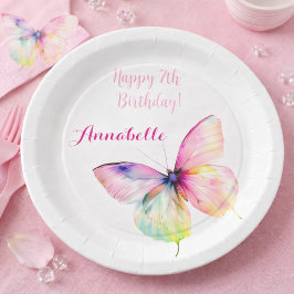 パステルレインボー蝶々 7歳の誕生日パーティー ペーパープレート