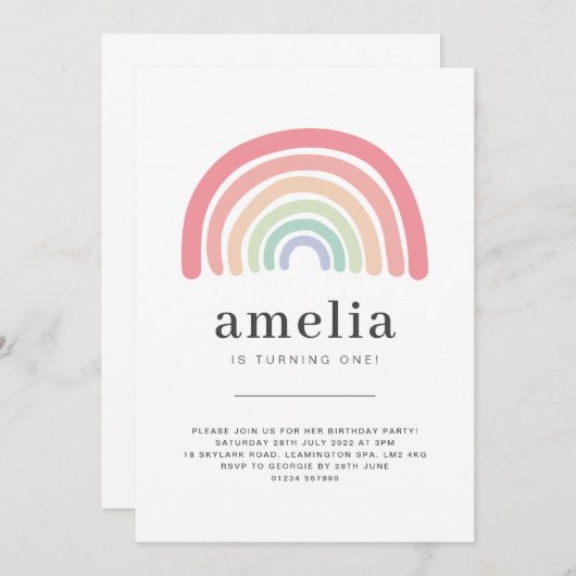 パステルレインボー誕生日招待状 招待状 (正面/裏面)