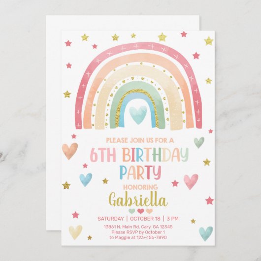 パステルレインボー金ゴールドガールバースデー招待状。 招待状 (正面/裏面)