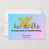 パステルレインボー金ゴールドユニコーン日付を保存RSVP 出欠カード (正面)