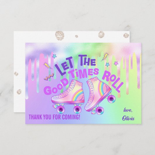 パステルレインボー |ローラースケートで滑る誕生日 サンキューカード (正面/裏面)