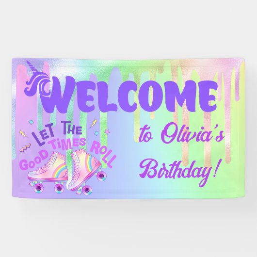 パステルレインボー |ローラースケートで滑る誕生日 横断幕 (横)
