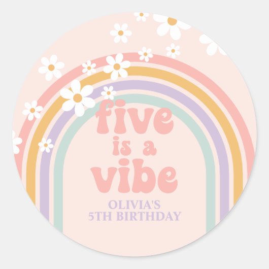 パステルレインボー Five is a Vibe 5歳の誕生日 ラウンドシール (正面)