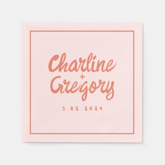 パステルレッドピンク手書きレトロ結婚ズナプキン スタンダードカクテルナプキン (正面)