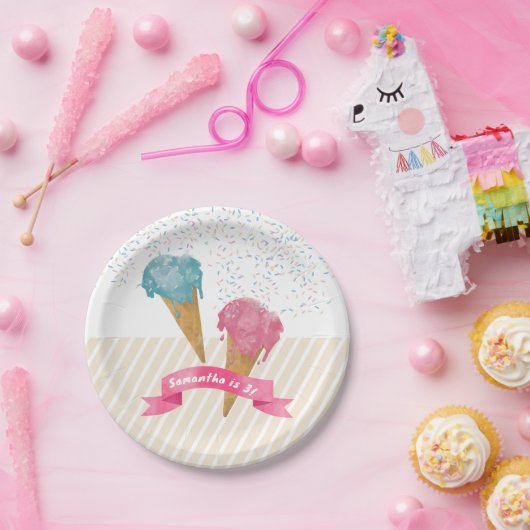 パステルレトロウォーターカラーアイスクリーム&スプリンクル ペーパープレート (パーティー)