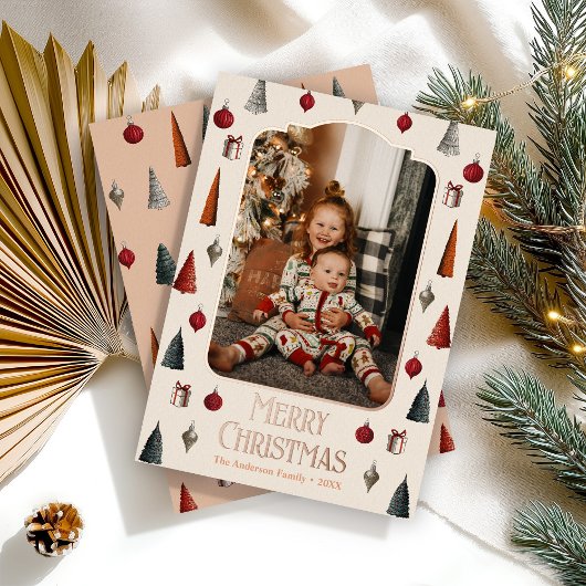 パステルレトロクリスマスファミリーフォト 箔シーズンカード