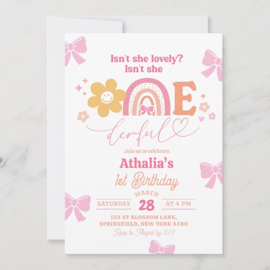 パステルレトロレインボーオネダーフル1st誕生日 招待状 (正面)